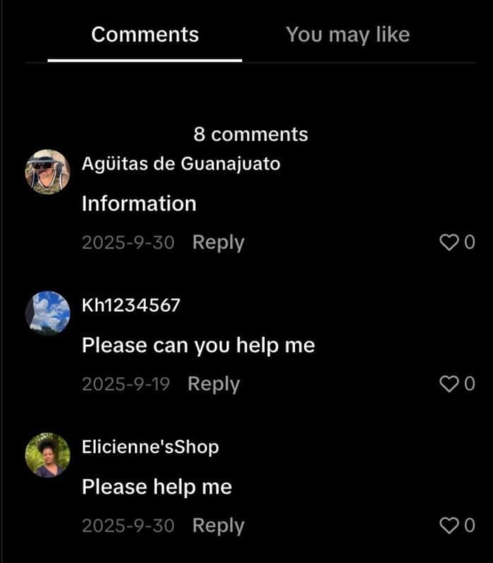 Comments under a TikTok video that read: 'Information', 'Please can you help me' and 'Please help me'