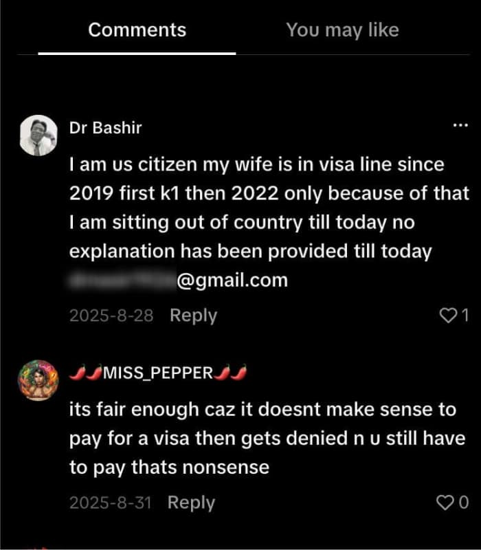 More comments under a TikTok video that say things like: 'I am us citizen my wife is in visa line since 2019', one of which includes someone's personal email'