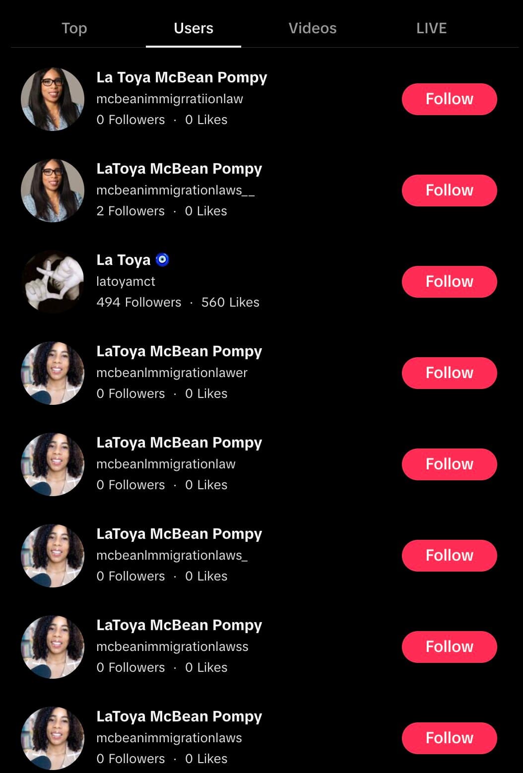 Another separate list of 8 TikTok accounts impersonating Latoya McBean, all with slight misspellings of the handle @mcbeanimmigrationlaw.