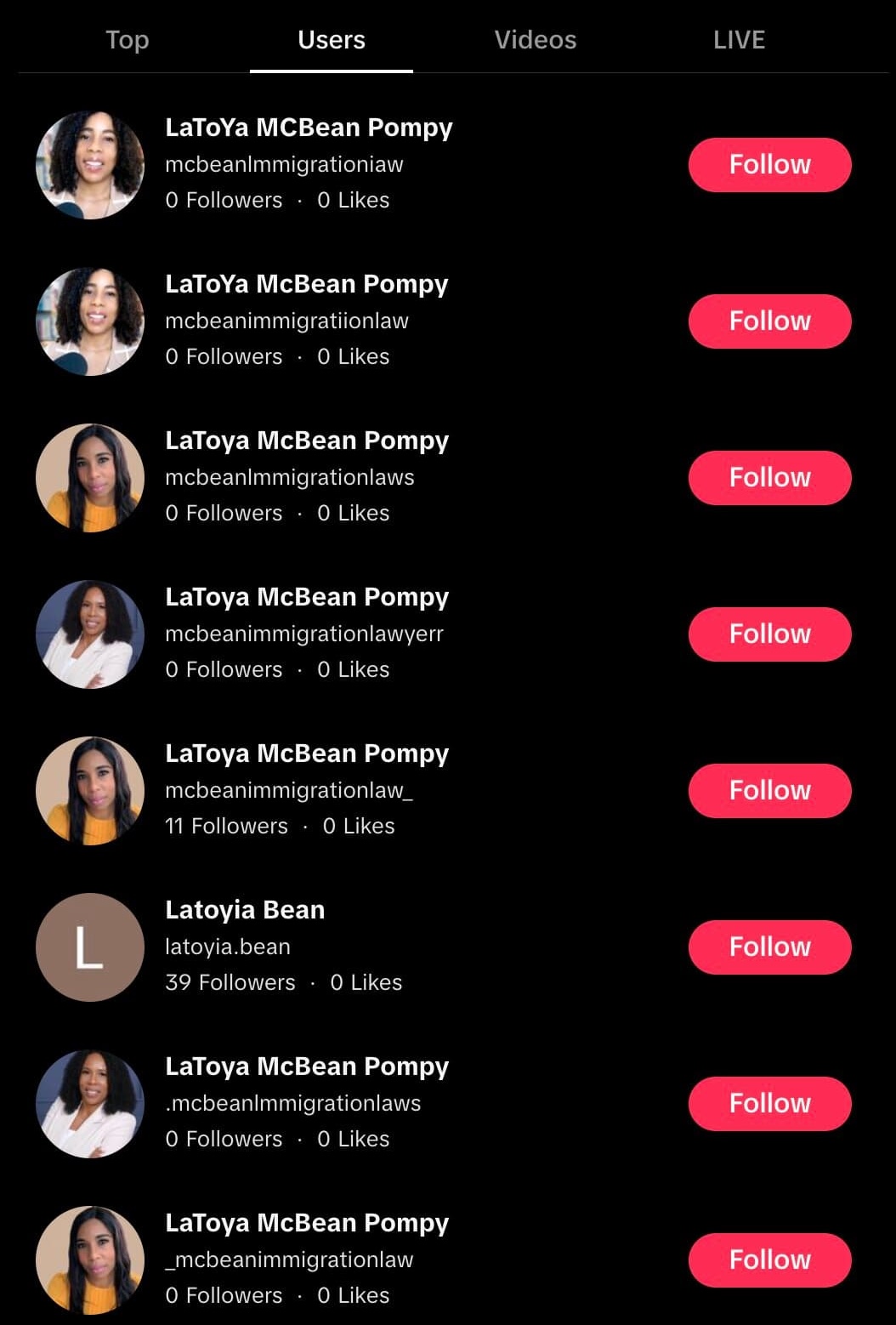 A list of 8 TikTok accounts impersonating Latoya McBean, all with slight misspellings of the handle @mcbeanimmigrationlaw.