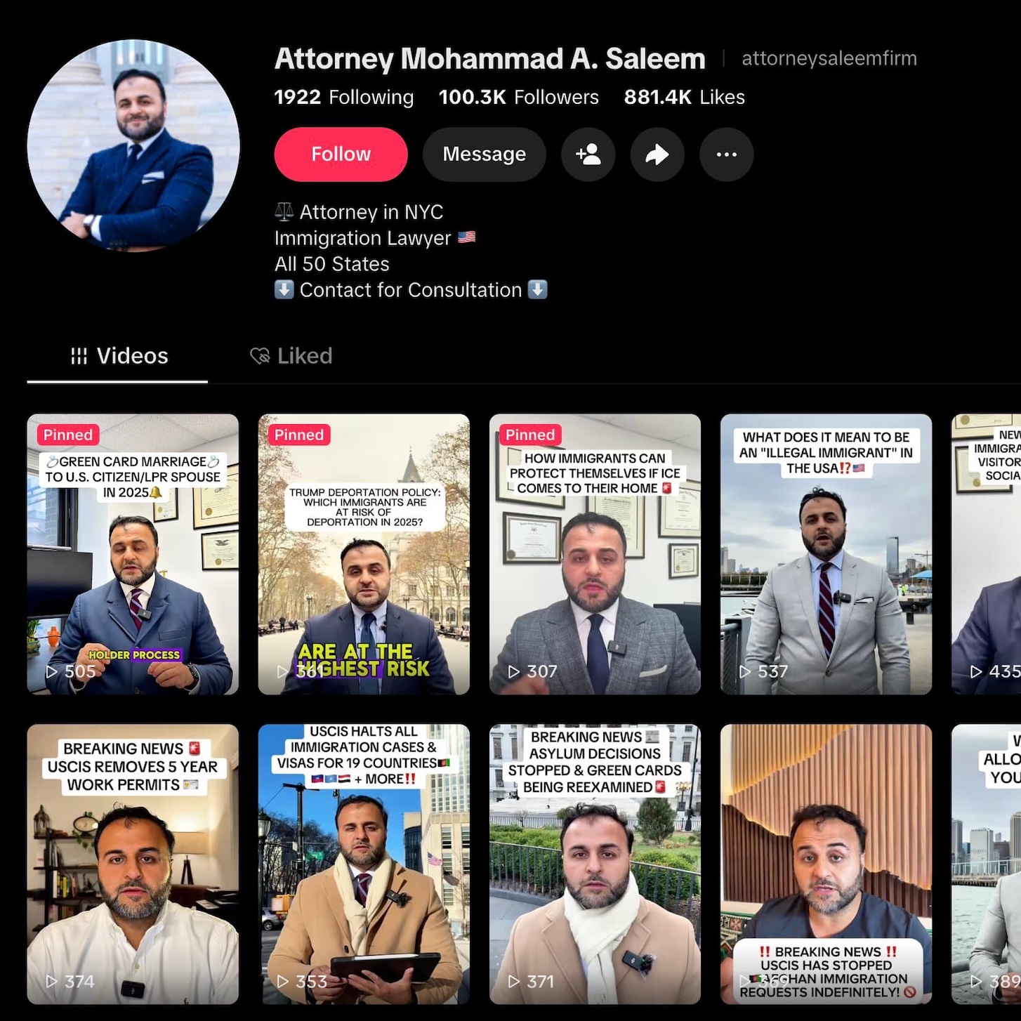 The TikTok account for @attorneysaleemfirm with over 100K followers.