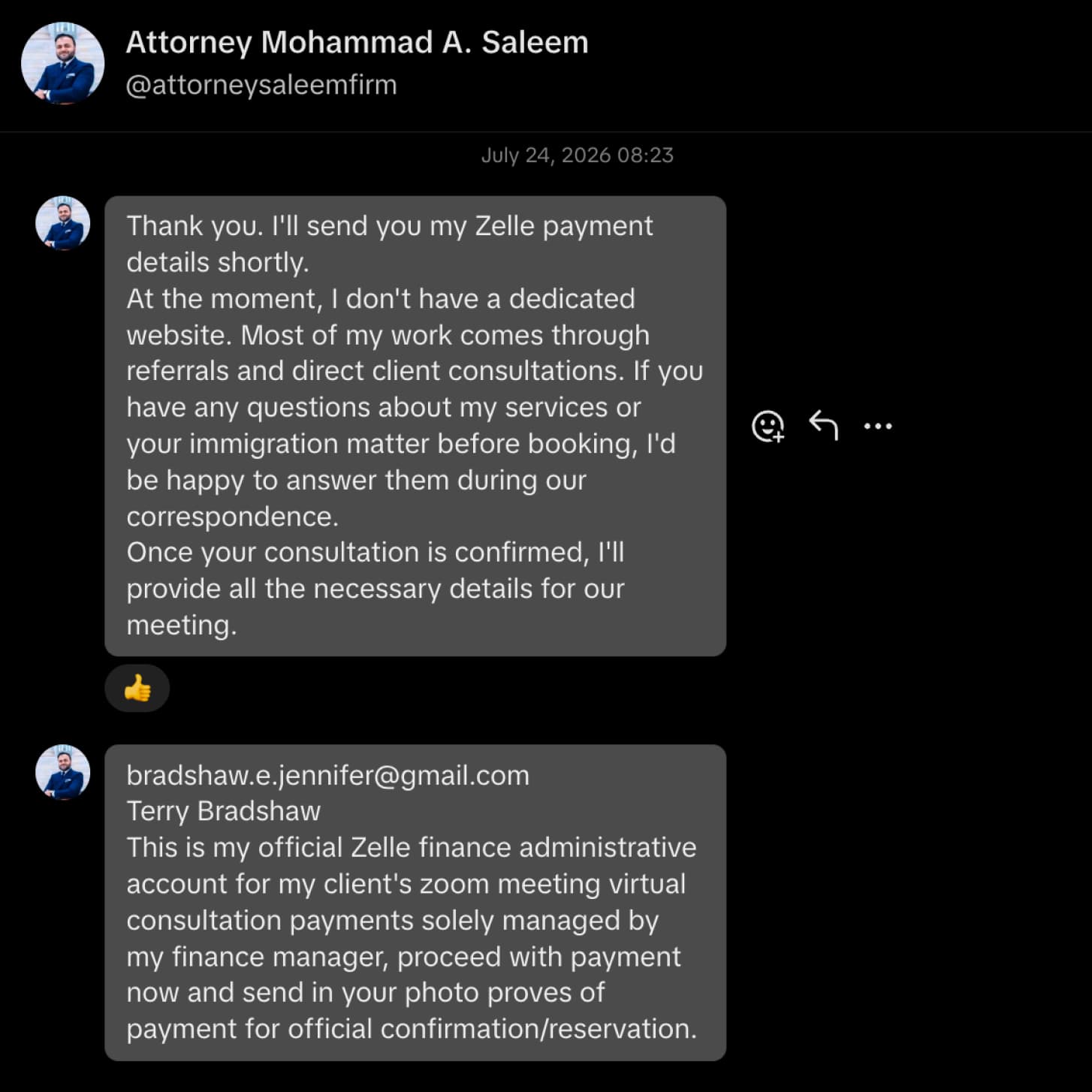 A direct message with @attorneysaleemfirm, asking for a Zelle payment to an account under the name Terry Bradshaw.