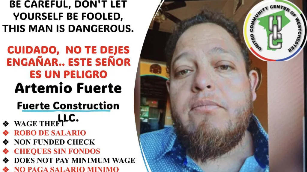 Flyer warning day laborers of Artemio Fuerte. Photo: Courtesy United Community Center of Westchester.