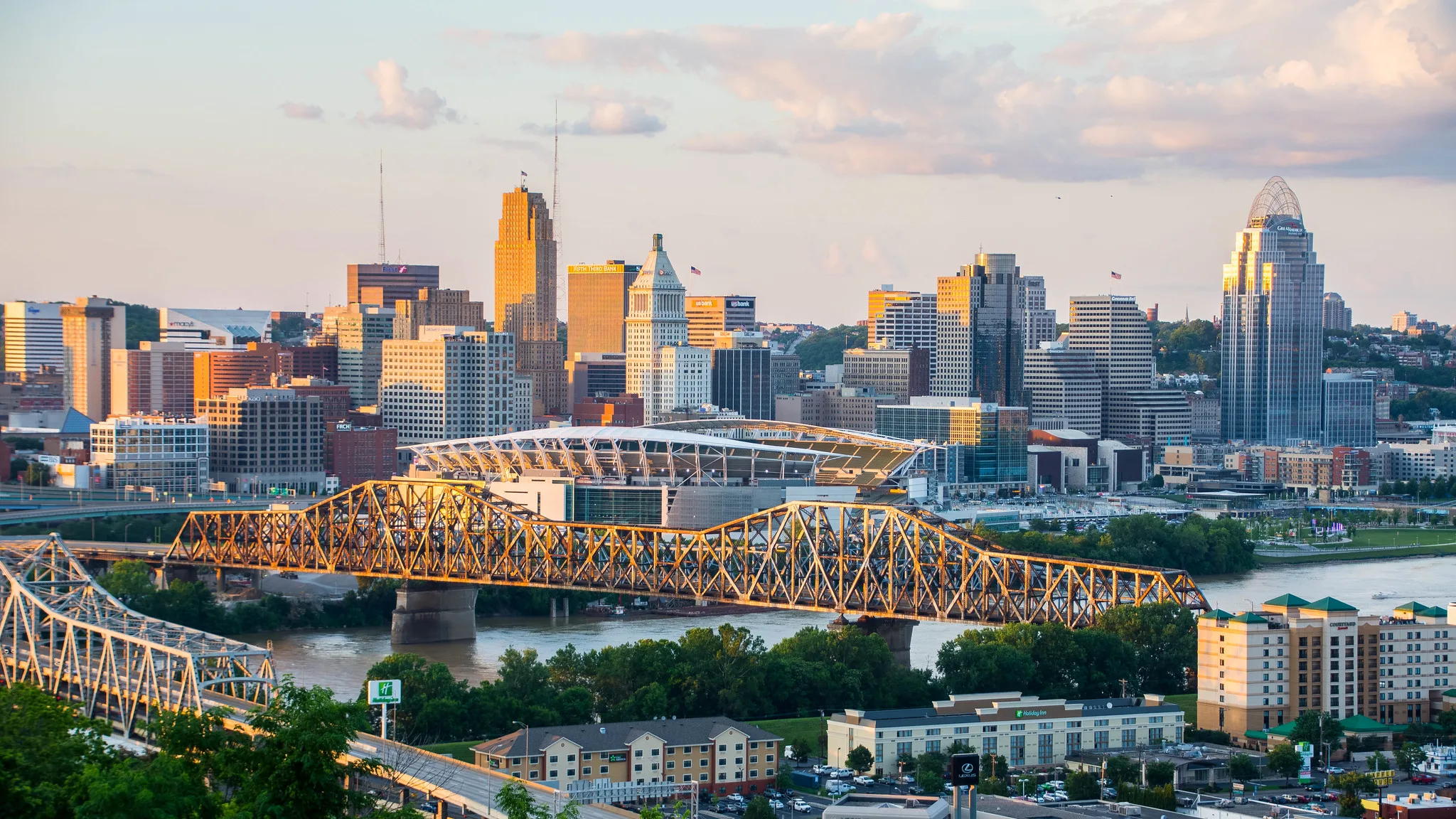 The city of Cincinnati is seen as the sun sets.